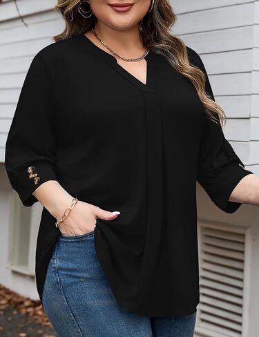 TFSDOD Womens Plus Size Tops 3/4 Length Sleeve Womens Tops V Neck Blouses Pleated Tunic Plus Size Fashion (1X-5X) in Saudi Arabia