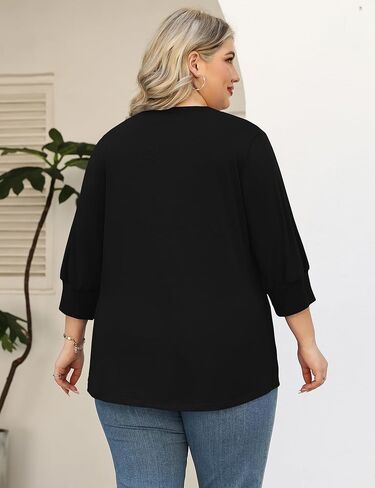 TFSDOD Womens Plus Size Tops 3/4 Length Sleeve Womens Tops V Neck Blouses Pleated Tunic Plus Size Fashion (1X-5X) in Saudi Arabia