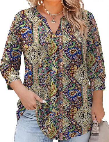 TFSDOD Womens Plus Size Tops 3/4 Length Sleeve Womens Tops V Neck Blouses Pleated Tunic Plus Size Fashion (1X-5X) in Saudi Arabia