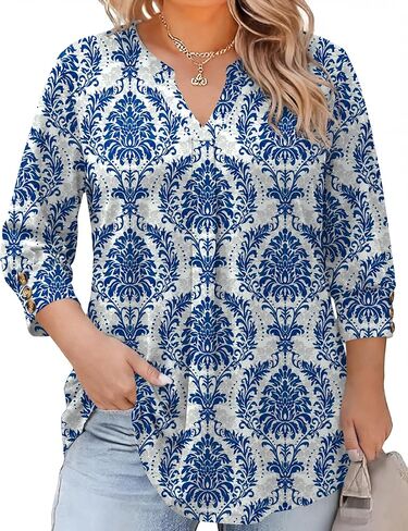 TFSDOD Womens Plus Size Tops 3/4 Length Sleeve Womens Tops V Neck Blouses Pleated Tunic Plus Size Fashion (1X-5X) in Saudi Arabia