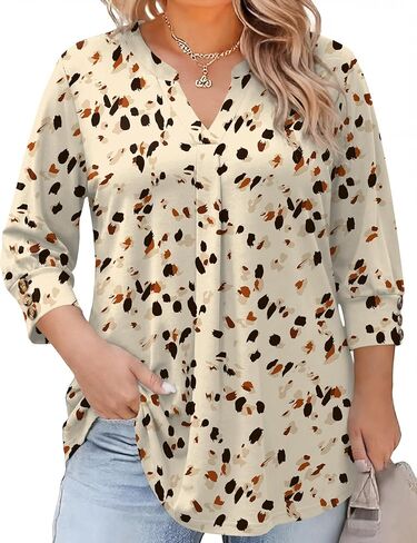 TFSDOD Womens Plus Size Tops 3/4 Length Sleeve Womens Tops V Neck Blouses Pleated Tunic Plus Size Fashion (1X-5X) in Saudi Arabia