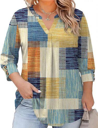 TFSDOD Womens Plus Size Tops 3/4 Length Sleeve Womens Tops V Neck Blouses Pleated Tunic Plus Size Fashion (1X-5X) in Saudi Arabia