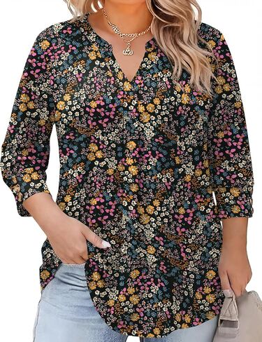 TFSDOD Womens Plus Size Tops 3/4 Length Sleeve Womens Tops V Neck Blouses Pleated Tunic Plus Size Fashion (1X-5X) in Saudi Arabia