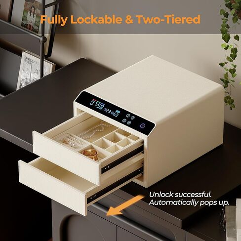 صندوق مجوهرات مع قفل ببصمة الإصبع وكلمة المرور، منظم تخزين مزدوج ذو سعة كبيرة للقلائد والخواتم والأساور والساعات، 15.98 × 13.98 × 9.45 بوصة، 4 طرق ذكية لفتح القفل، بيج in Kuwait
