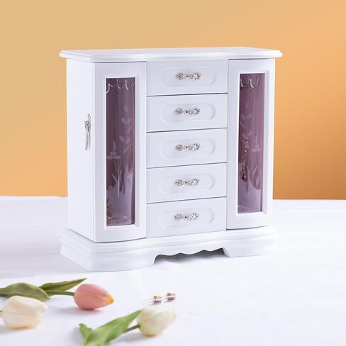 Jewelry Boxes For Women,Handle Caebing Craft Wooden Jewelry Box,With 12Hooks And Velvet Lining White Jewelry Boxes,Suitable As Gift For Friends in Saudi Arabia