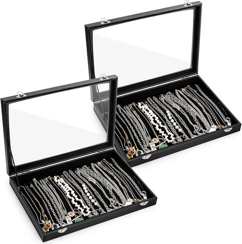 Elsjoy 2 Pack Necklace Organizer Box, Premium Necklace Display Cases with Transparent Glass Lid, Black Velvet Necklace Storage Holder Box, 40 Hooks (20 Per Box) in Saudi Arabia