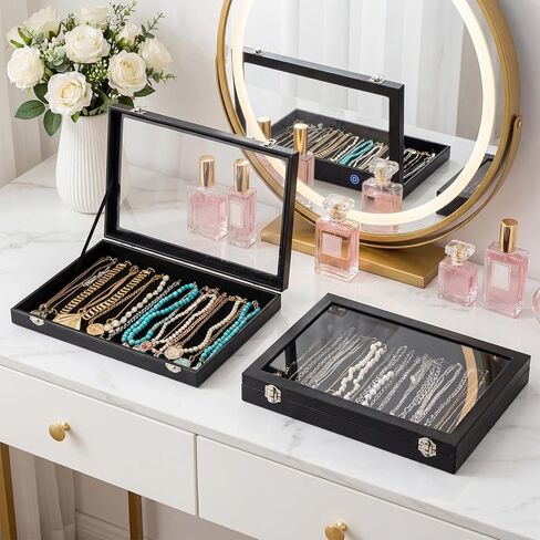 Elsjoy 2 Pack Necklace Organizer Box, Premium Necklace Display Cases with Transparent Glass Lid, Black Velvet Necklace Storage Holder Box, 40 Hooks (20 Per Box) in Saudi Arabia