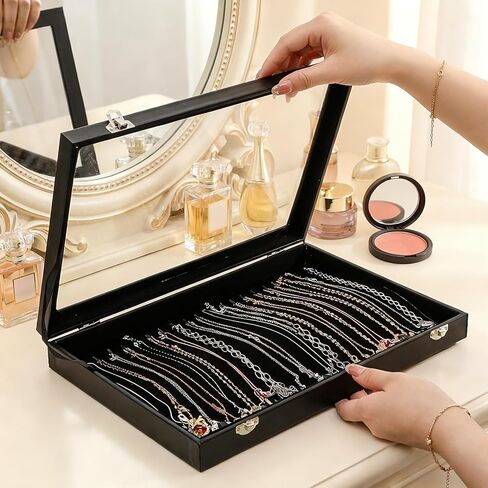 Elsjoy 2 Pack Necklace Organizer Box, Premium Necklace Display Cases with Transparent Glass Lid, Black Velvet Necklace Storage Holder Box, 40 Hooks (20 Per Box) in Saudi Arabia