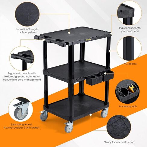 عربة أدوات ELAFROS شديدة التحمل، 27.5 × 18.25 بوصة، عربة دوارة ثلاثية الطبقات، بلاستيك صناعي، سعة 330 رطل، أرفف علوية مسطحة مع عجلات دوارة - عربة عمل متعددة الأغراض in Kuwait