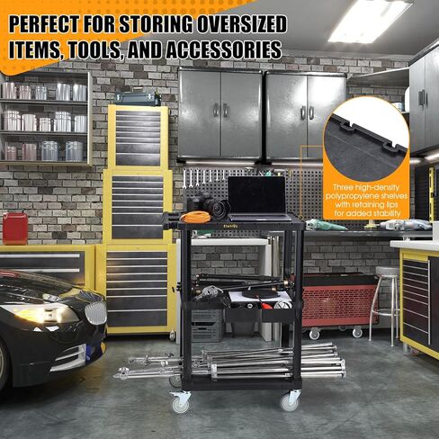 عربة أدوات ELAFROS شديدة التحمل، 27.5 × 18.25 بوصة، عربة دوارة ثلاثية الطبقات، بلاستيك صناعي، سعة 330 رطل، أرفف علوية مسطحة مع عجلات دوارة - عربة عمل متعددة الأغراض in Kuwait