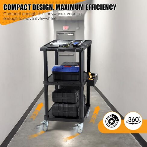 عربة أدوات ELAFROS شديدة التحمل، 27.5 × 18.25 بوصة، عربة دوارة ثلاثية الطبقات، بلاستيك صناعي، سعة 330 رطل، أرفف علوية مسطحة مع عجلات دوارة - عربة عمل متعددة الأغراض in Kuwait