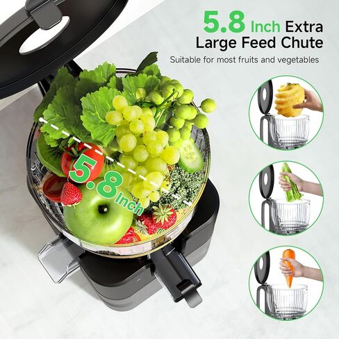 آلات عصارة بالضغط البارد، آلات عصارة Airpher بقدرة 400 وات مزودة بمجرى تغذية واسع مقاس 5.8 بوصة، عصارة مضغ بطيئة للخضروات الكاملة والفواكه ذات إنتاجية عالية من العصير، سهلة التنظيف باللون الرمادي in Kuwait