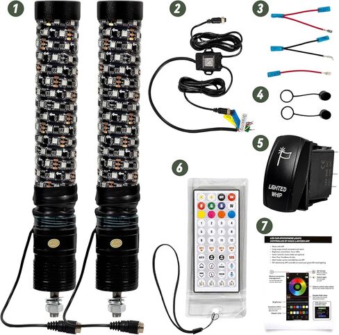 1FT أضواء السوط الدهون LED أضواء السوط للموسيقى جنبا إلى جنب ضوء هوائي الموسيقى دوامة RGB مطاردة ضوء السياط لUTV ATV الكثبان عربات التي تجرها الدواب مع التطبيق وجهاز التحكم عن بعد متوافق مع Polaris RZR Can-Am Maverick، 2 حزمة in Kuwait