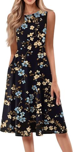 Womens Elegant Sleeveless Casual Dress Dressy Floral Print Sexy Midi Evening Wear A-Line Round Neck Vacation Dresses in Kuwait