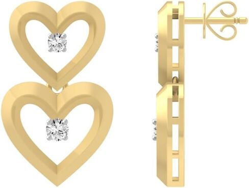 1/8 Carat Diamond Dangle Earrings for Women | 14K Yellow or White Gold Double Heart Dangle Earrings | I2-I3 Clarity and I-J Color in Saudi Arabia