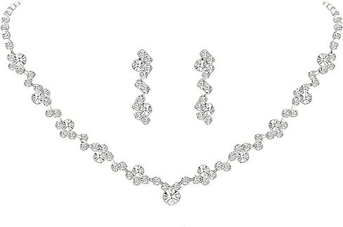 Dazzelunelle Women's Fashion Jewelry Rhinestone Zircon Necklace and Earring Set Formal Ball Gown Accessories Silver Floral Pendant Bridal Wedding Jewelry Suitable for Weddings, Balls, Banquets, and All Special Occasions in Saudi Arabia