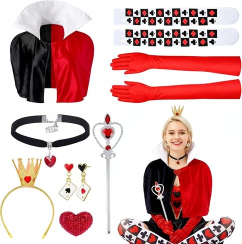Simple polymer 8 Pcs Hearts Queen Costume Accessories Set Queen Cape Crown Headband Choker Necklace Earrings Scepter for Woman in Saudi Arabia