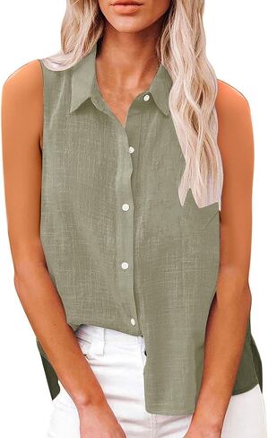 Linen Shirts for Women Sleeveless Collared Gauze Tops Oversized Button Down Work Shirt Business Casual Summer Blouse in Kuwait