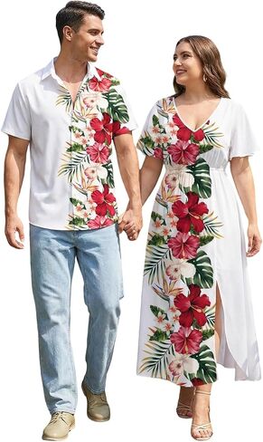 ROSE GAL Matchable Couples Hawaiian Men Shirt and Women Vintage V-Neck Split Dress in Saudi Arabia