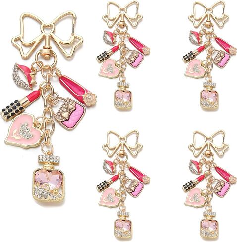 PHAETON 5PCS Gold Bow Keychain Charm with Pink Lipstick, Handbag, High Heel, Heart, Perfume Bottle, Rhinestone Embellished Charm for Women Enthusiast Keychain Set Makeup Lovers Gift in Saudi Arabia