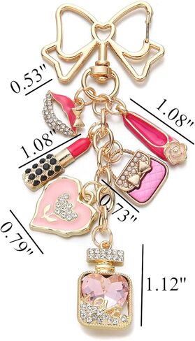 PHAETON 5PCS Gold Bow Keychain Charm with Pink Lipstick, Handbag, High Heel, Heart, Perfume Bottle, Rhinestone Embellished Charm for Women Enthusiast Keychain Set Makeup Lovers Gift in Saudi Arabia