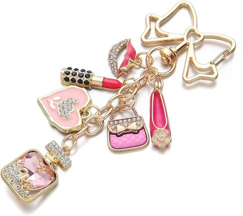 PHAETON 5PCS Gold Bow Keychain Charm with Pink Lipstick, Handbag, High Heel, Heart, Perfume Bottle, Rhinestone Embellished Charm for Women Enthusiast Keychain Set Makeup Lovers Gift in Saudi Arabia
