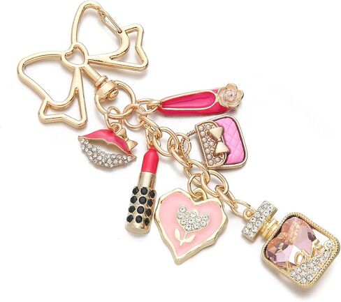 PHAETON 5PCS Gold Bow Keychain Charm with Pink Lipstick, Handbag, High Heel, Heart, Perfume Bottle, Rhinestone Embellished Charm for Women Enthusiast Keychain Set Makeup Lovers Gift in Saudi Arabia