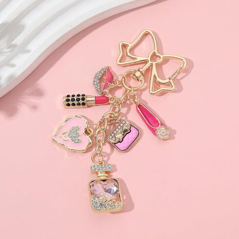 PHAETON 5PCS Gold Bow Keychain Charm with Pink Lipstick, Handbag, High Heel, Heart, Perfume Bottle, Rhinestone Embellished Charm for Women Enthusiast Keychain Set Makeup Lovers Gift in Saudi Arabia