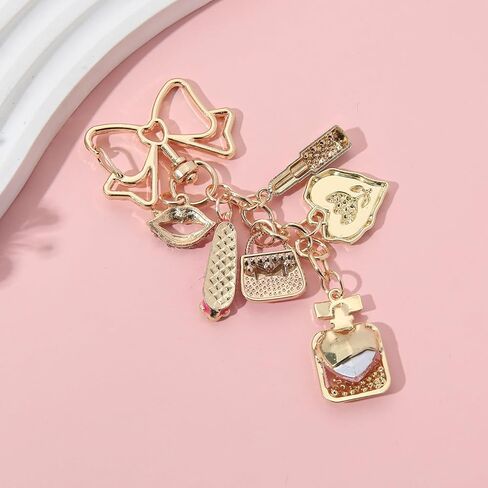 PHAETON 5PCS Gold Bow Keychain Charm with Pink Lipstick, Handbag, High Heel, Heart, Perfume Bottle, Rhinestone Embellished Charm for Women Enthusiast Keychain Set Makeup Lovers Gift in Saudi Arabia