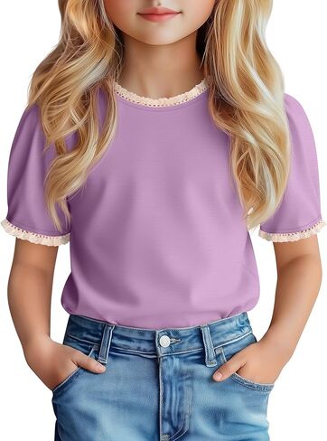 Girls Puff Short Sleeve Shirts Lace Crewneck Lettuce Trim Top Kids Tween Comfy Summer Cute Toddler Uniform Tee in Saudi Arabia