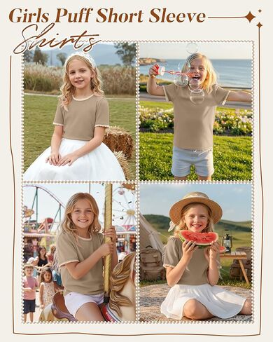 Girls Puff Short Sleeve Shirts Lace Crewneck Lettuce Trim Top Kids Tween Comfy Summer Cute Toddler Uniform Tee in Saudi Arabia