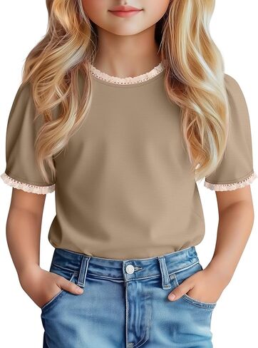 Girls Puff Short Sleeve Shirts Lace Crewneck Lettuce Trim Top Kids Tween Comfy Summer Cute Toddler Uniform Tee in Saudi Arabia