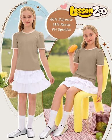 Girls Puff Short Sleeve Shirts Lace Crewneck Lettuce Trim Top Kids Tween Comfy Summer Cute Toddler Uniform Tee in Saudi Arabia