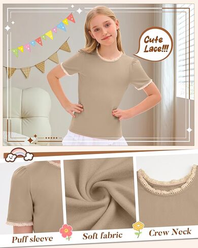 Girls Puff Short Sleeve Shirts Lace Crewneck Lettuce Trim Top Kids Tween Comfy Summer Cute Toddler Uniform Tee in Saudi Arabia
