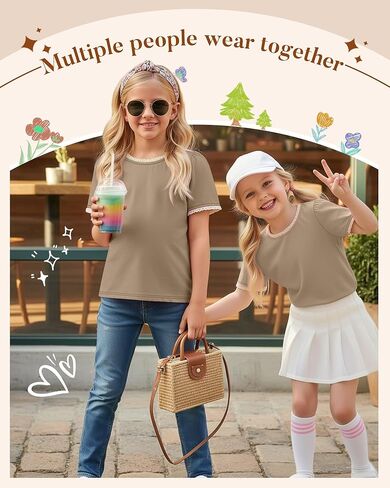 Girls Puff Short Sleeve Shirts Lace Crewneck Lettuce Trim Top Kids Tween Comfy Summer Cute Toddler Uniform Tee in Saudi Arabia