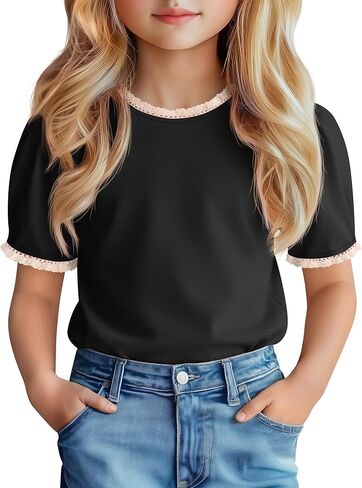 Girls Puff Short Sleeve Shirts Lace Crewneck Lettuce Trim Top Kids Tween Comfy Summer Cute Toddler Uniform Tee in Saudi Arabia