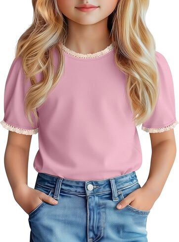 Girls Puff Short Sleeve Shirts Lace Crewneck Lettuce Trim Top Kids Tween Comfy Summer Cute Toddler Uniform Tee in Saudi Arabia