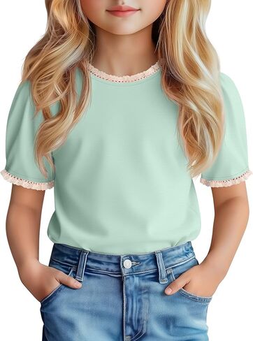 Girls Puff Short Sleeve Shirts Lace Crewneck Lettuce Trim Top Kids Tween Comfy Summer Cute Toddler Uniform Tee in Saudi Arabia