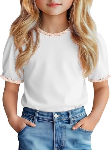 Girls Puff Short Sleeve Shirts Lace Crewneck Lettuce Trim Top Kids Tween Comfy Summer Cute Toddler Uniform Tee in Saudi Arabia