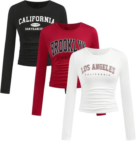 SOLY HUX Girl's 3 Piece Graphic Tees Long Sleeve Crewneck Ruched T Shirt Slim Fitted Casual Fall Tops Preppy Clothes in Saudi Arabia