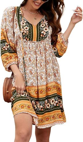 Qearal Women's Casual V Neck 3/4 Sleeve Boho Floral Printed Loose Short Flowy Summer Beach Vacation Dress in Kuwait