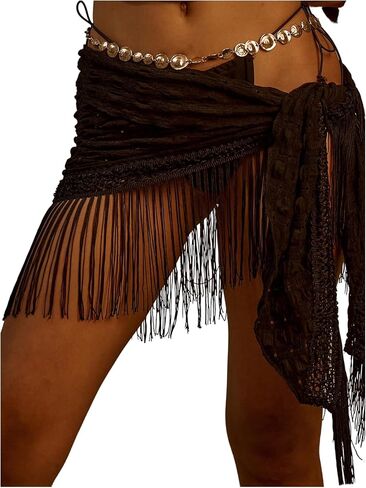 MakeMeChic Women's Tie Side Fringe Sarong Bathing Suit Wrap Cover Up Beach Skirt in Saudi Arabia