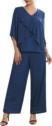Women's Mother of Bride Sets Chiffon Ruffles V Neck Top Wide Legs Pantsuits Wedding Guest 2 Pieces Pants Suits in Saudi Arabia