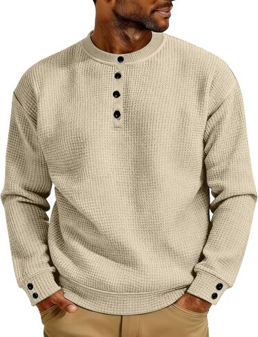 Henley Shirts for Men Casual Button Up Crewneck Waffle Tops Long Sleeve Pullover Blouses Basic Tee Sweatshirts in Saudi Arabia