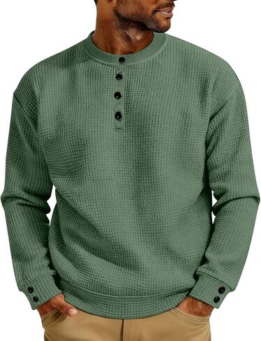 Henley Shirts for Men Casual Button Up Crewneck Waffle Tops Long Sleeve Pullover Blouses Basic Tee Sweatshirts in Kuwait