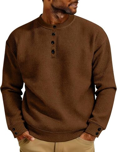 Henley Shirts for Men Casual Button Up Crewneck Waffle Tops Long Sleeve Pullover Blouses Basic Tee Sweatshirts in Kuwait