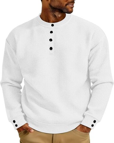 Henley Shirts for Men Casual Button Up Crewneck Waffle Tops Long Sleeve Pullover Blouses Basic Tee Sweatshirts in Kuwait