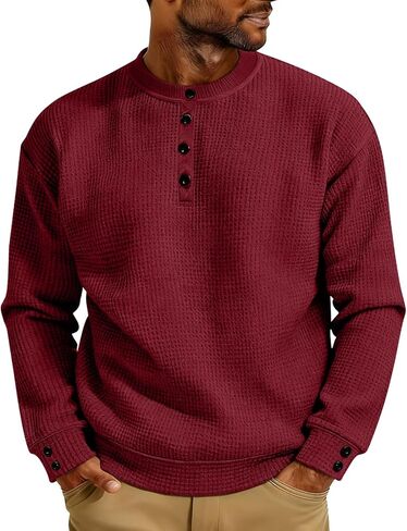 Henley Shirts for Men Casual Button Up Crewneck Waffle Tops Long Sleeve Pullover Blouses Basic Tee Sweatshirts in Kuwait