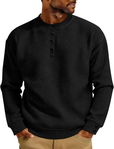 Henley Shirts for Men Casual Button Up Crewneck Waffle Tops Long Sleeve Pullover Blouses Basic Tee Sweatshirts in Kuwait