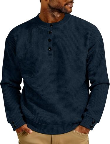 Henley Shirts for Men Casual Button Up Crewneck Waffle Tops Long Sleeve Pullover Blouses Basic Tee Sweatshirts in Kuwait